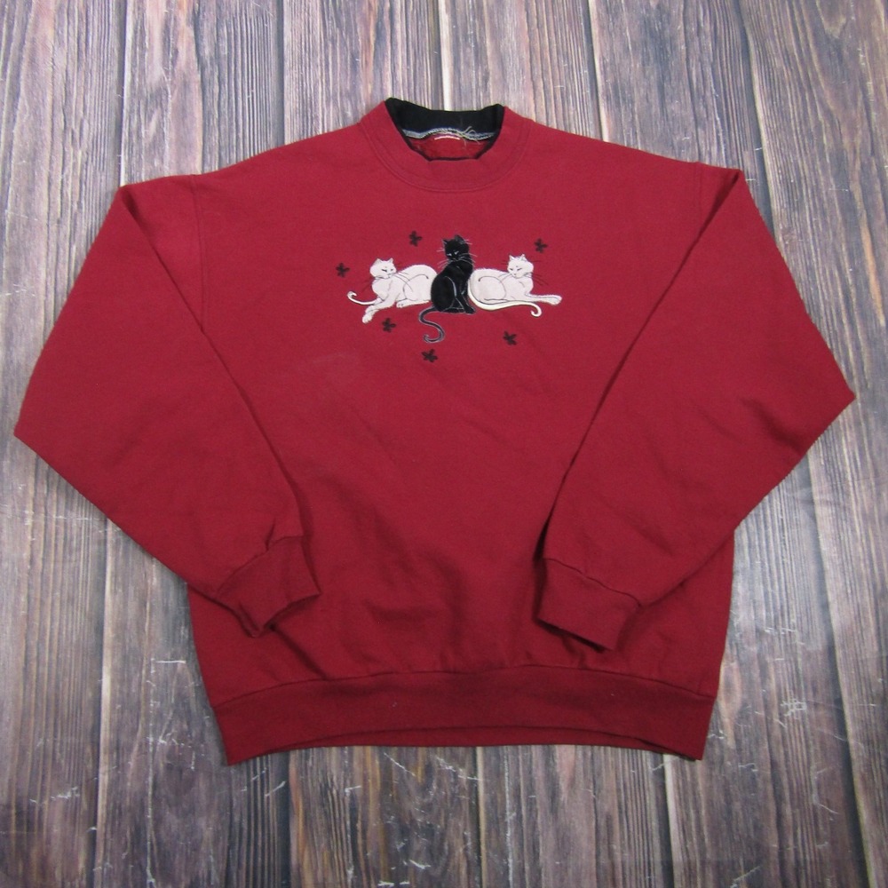 Vintage Granny Core Sweater Womens XL Red Crewneck Pullover Embroidered‎ Cat